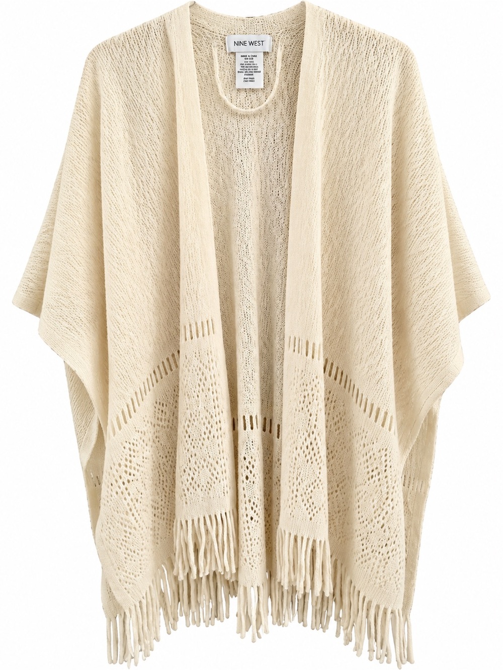 Nine West Cream Open-Front Fringe Poncho Wrap
